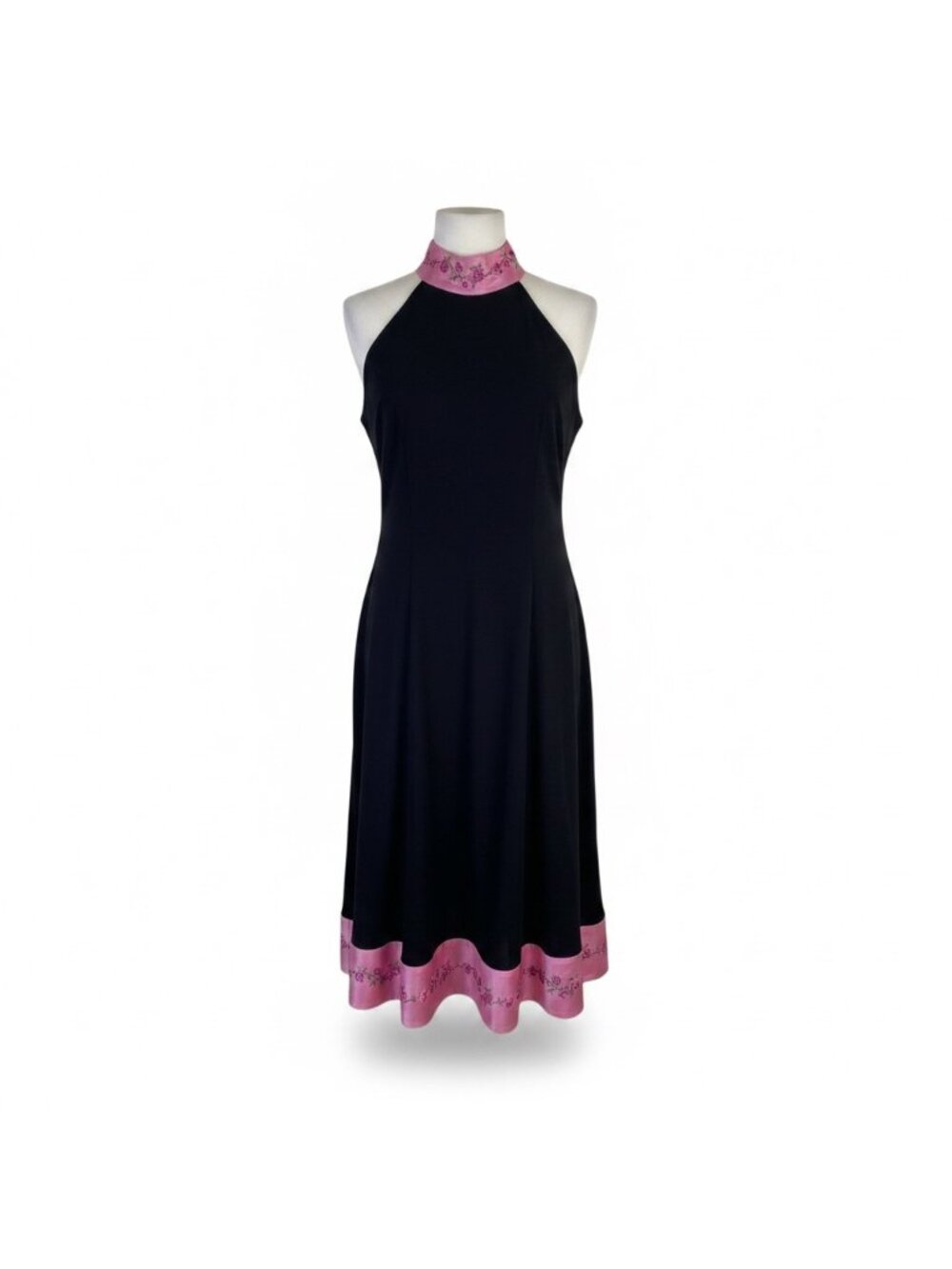 Papell Boutique Womens Black & Pink Dress W/ Embroidered Halter Neck Size 6